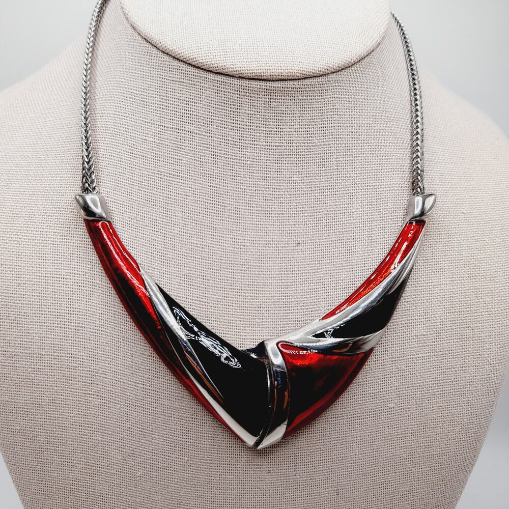 Vintage 1980s Front Clasp Enamel Necklace Red Black Rhodium Statement